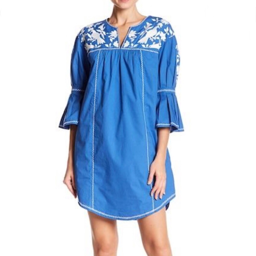Joie Blue Clodagh Embroidered Bell Sleeve Dress